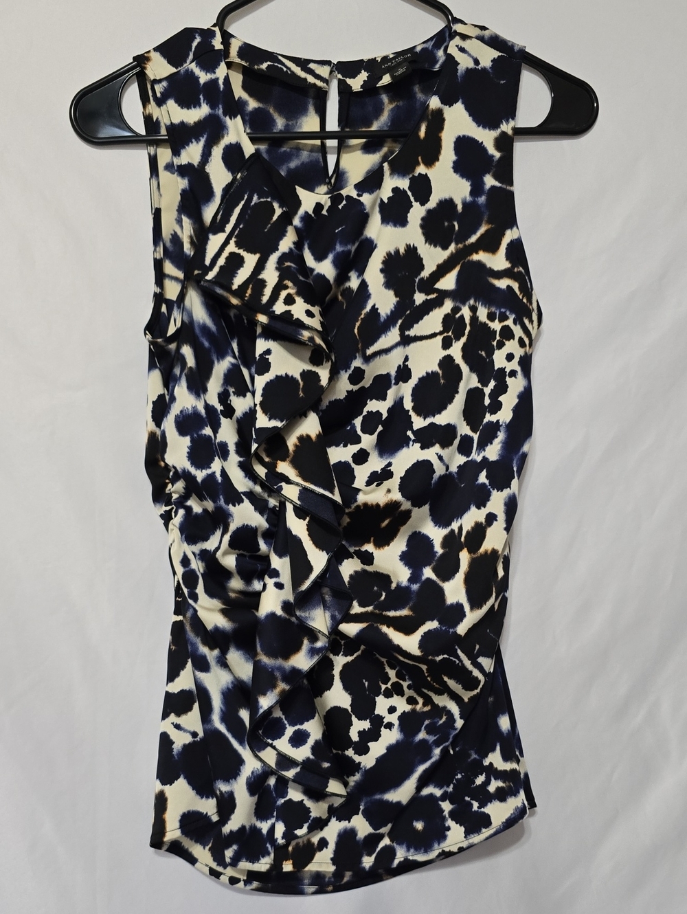 Ann Taylor Abstract Animal Print Ruffle Sleeveless Blouse Side Zip Size 4